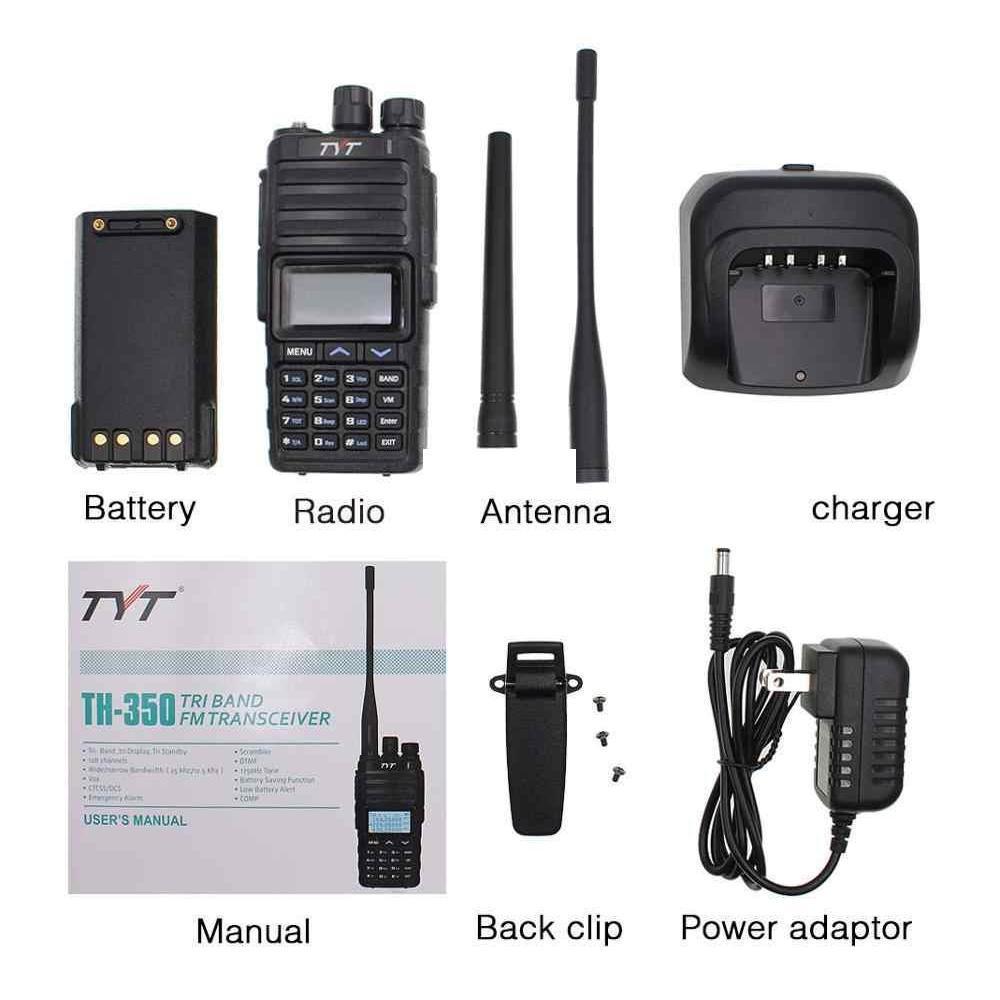 A complete TYT TH-350 tri-band FM transceiver kit, including the radio, battery, antennas, charger, power adapter, manual, and back clip.