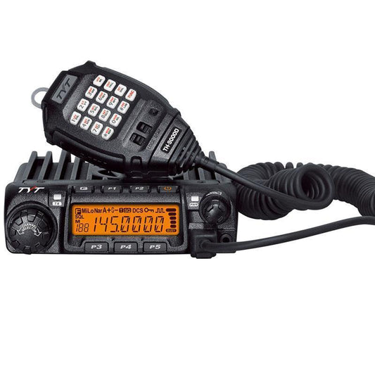 Black mobile two-way radio with a coiled cord microphone