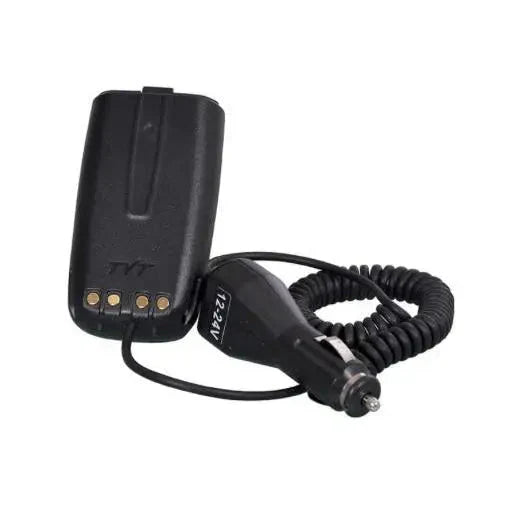 Battery eliminator for a portable radio or communication device with an attached car charger cord.