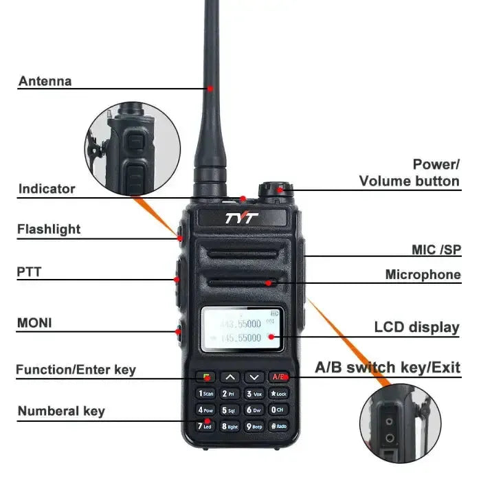A black two-way radio with an antenna, LCD display, and a full keypad.