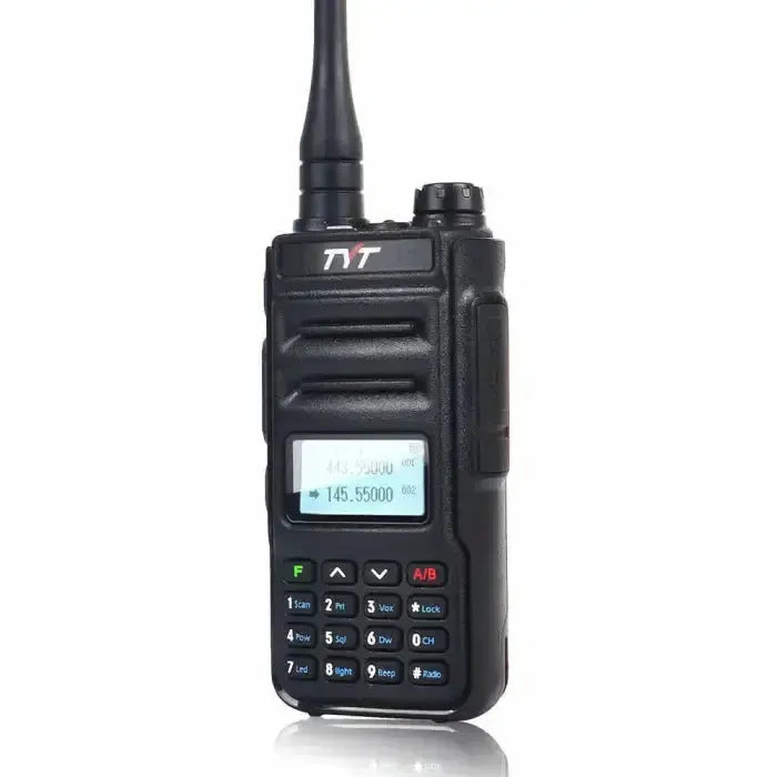 Black handheld walkie-talkie with a display and keypad.