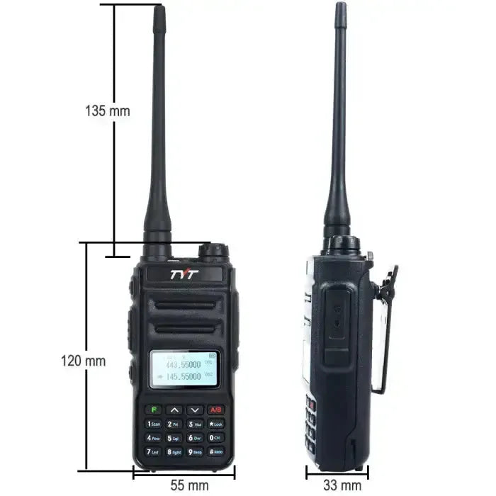 Black handheld two-way radio with antenna, display, and keypad, showing dimensions.