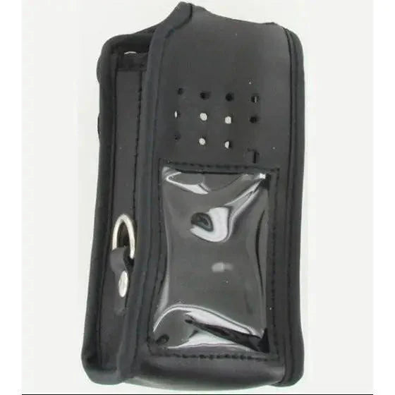 Black protective case for a mobile device with a clear window and ventilation holes.