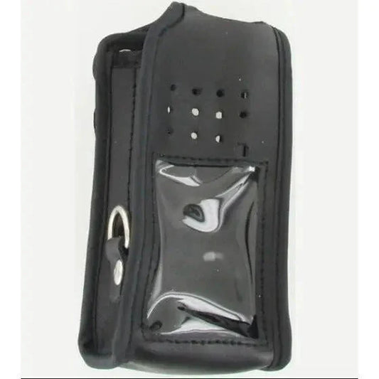 Black protective case for a mobile device with a clear window and ventilation holes.