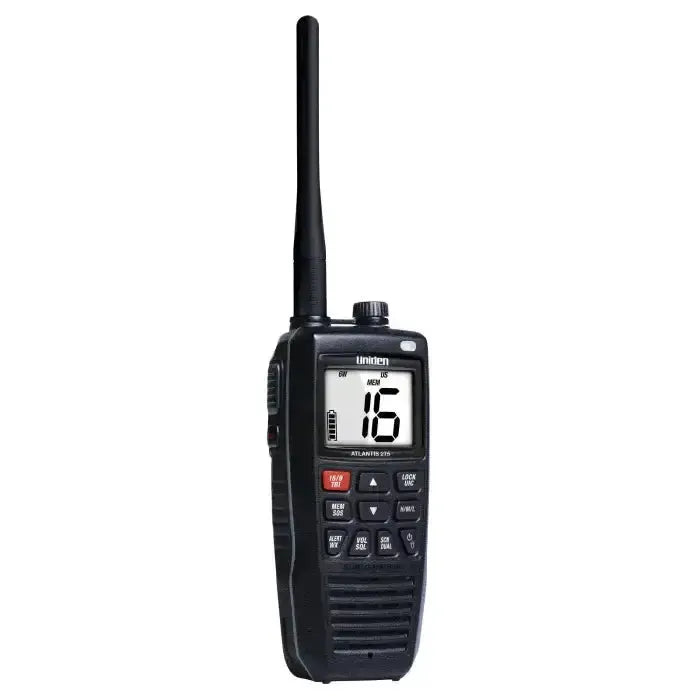Black handheld marine radio.