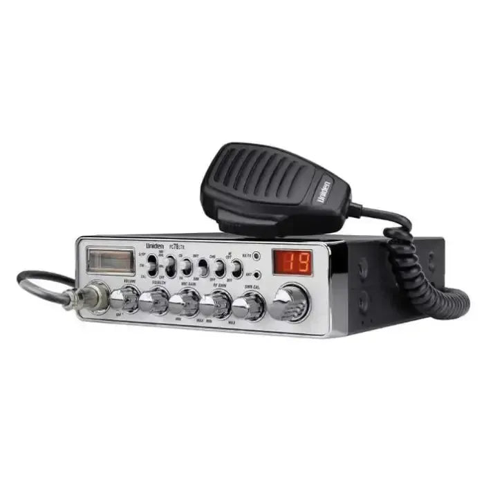Chrome CB radio with microphone.