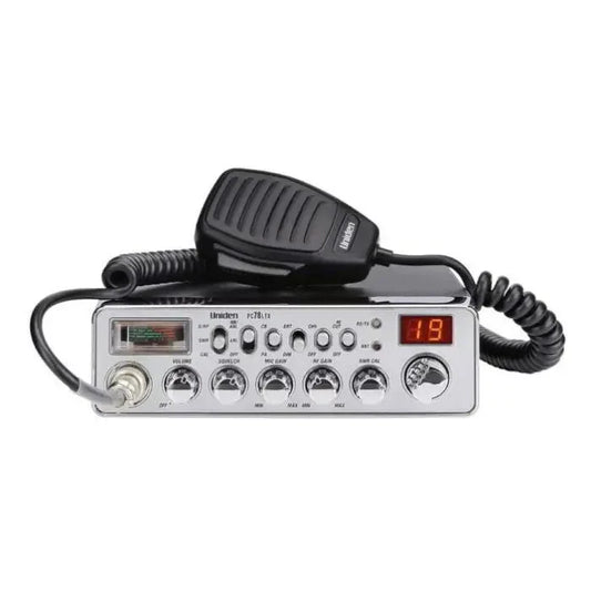 Silver CB radio with microphone.
