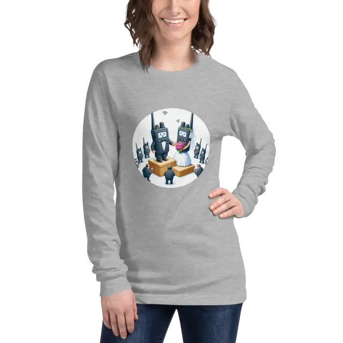 Gray long-sleeved shirt with walkie-talkie wedding graphic.