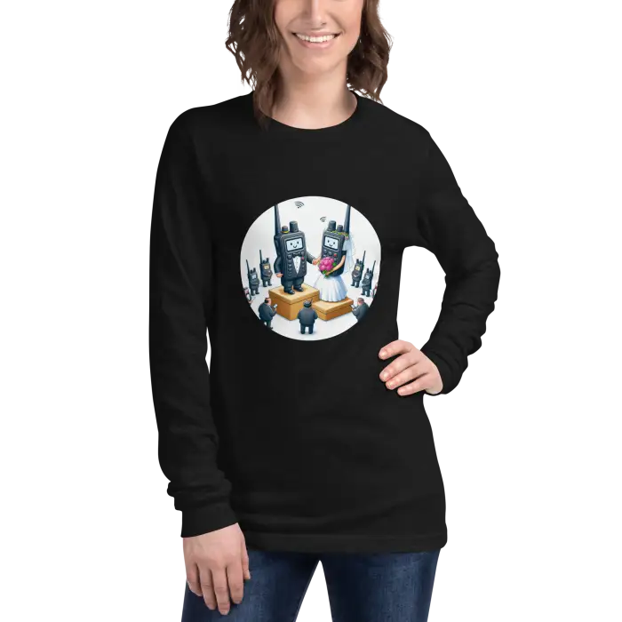 Black long-sleeved shirt with walkie-talkie wedding graphic.
