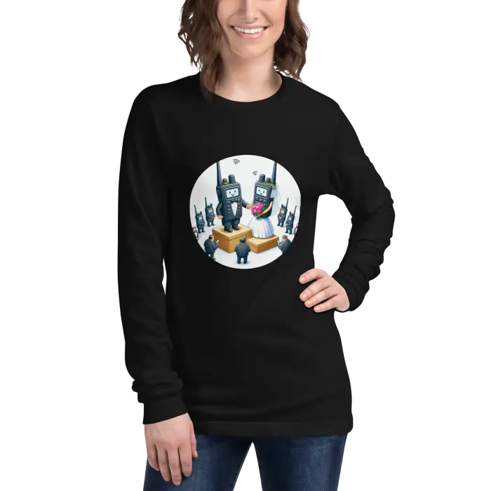 Black long-sleeved shirt with walkie-talkie wedding graphic.