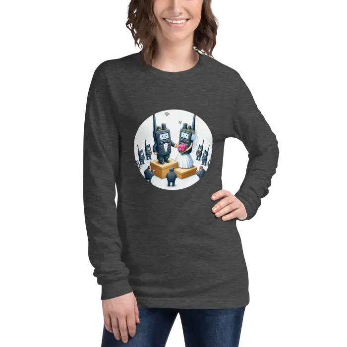Gray long-sleeved shirt with walkie-talkie wedding graphic.