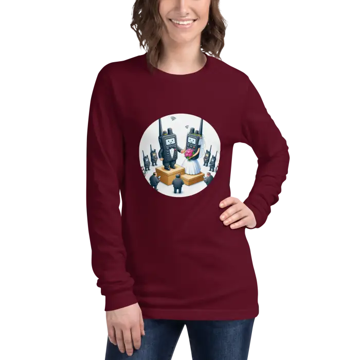 Maroon long-sleeved shirt with walkie-talkie wedding graphic.