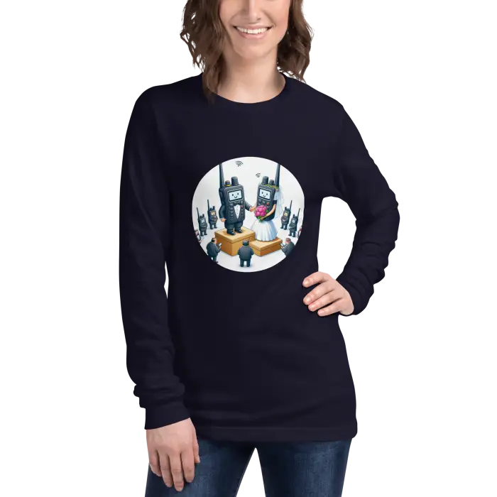 Navy long-sleeved shirt with walkie-talkie wedding graphic.