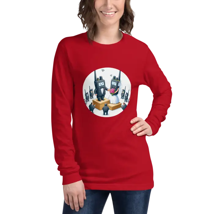 Red long-sleeved shirt with walkie-talkie wedding graphic.