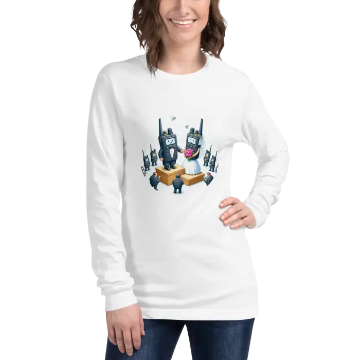 White long-sleeved shirt with walkie-talkie wedding graphic.
