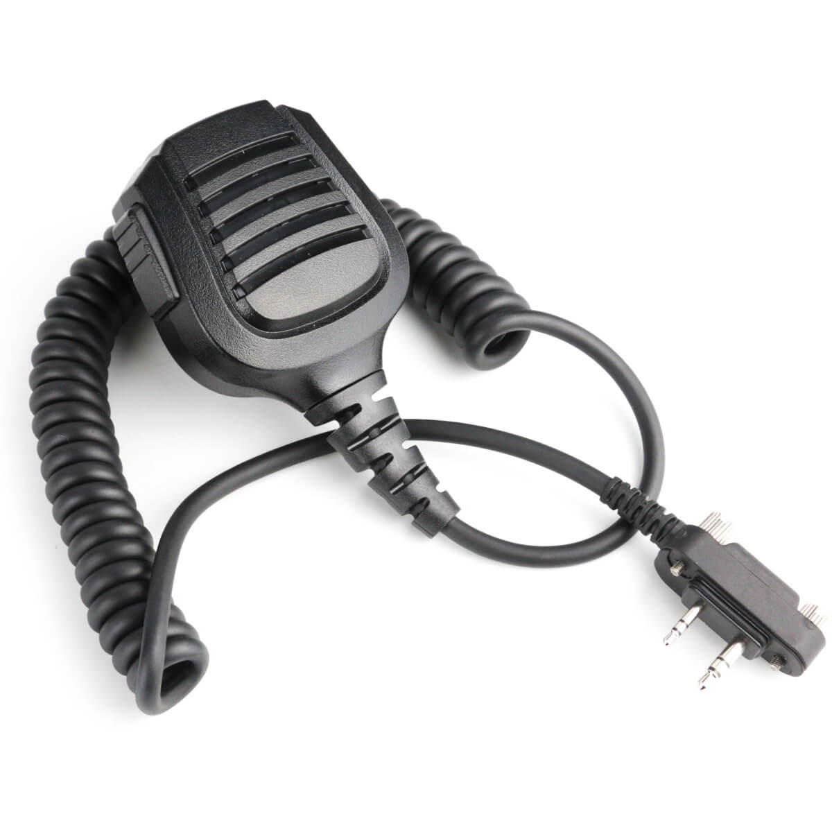Black coiled corded microphone with grille design and ptt switch, compatible with kenwood radios.