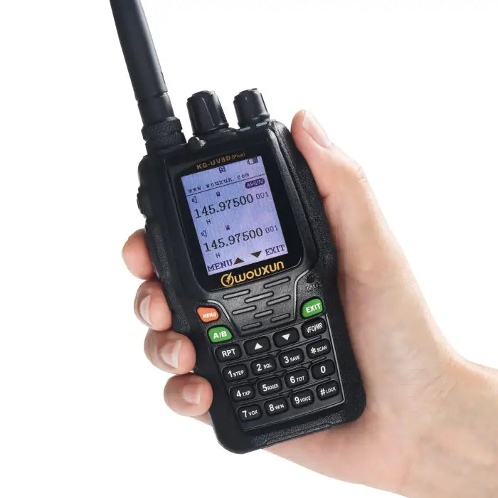 Black handheld two-way radio.
