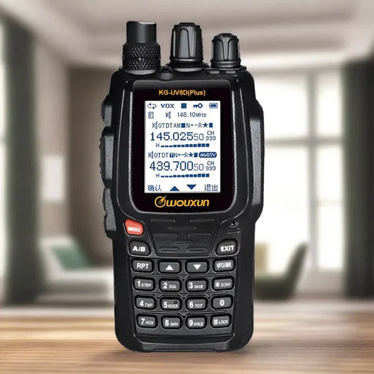 Black handheld two-way radio.