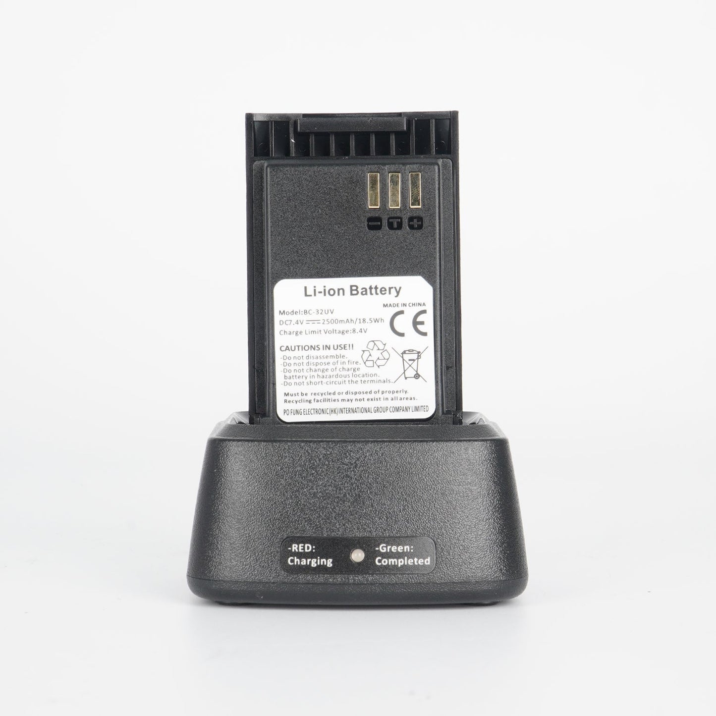 Black lithium-ion battery charger with dual usb ports and led indicators for charging status.