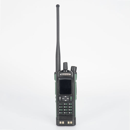 Black and green rugged walkie-talkie with antenna