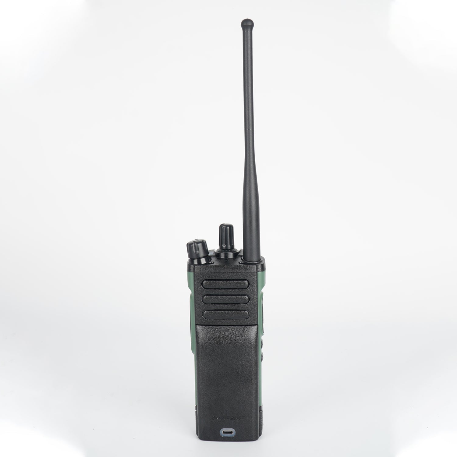 Green walkie-talkie with black accents and antenna, likely a motorola model.