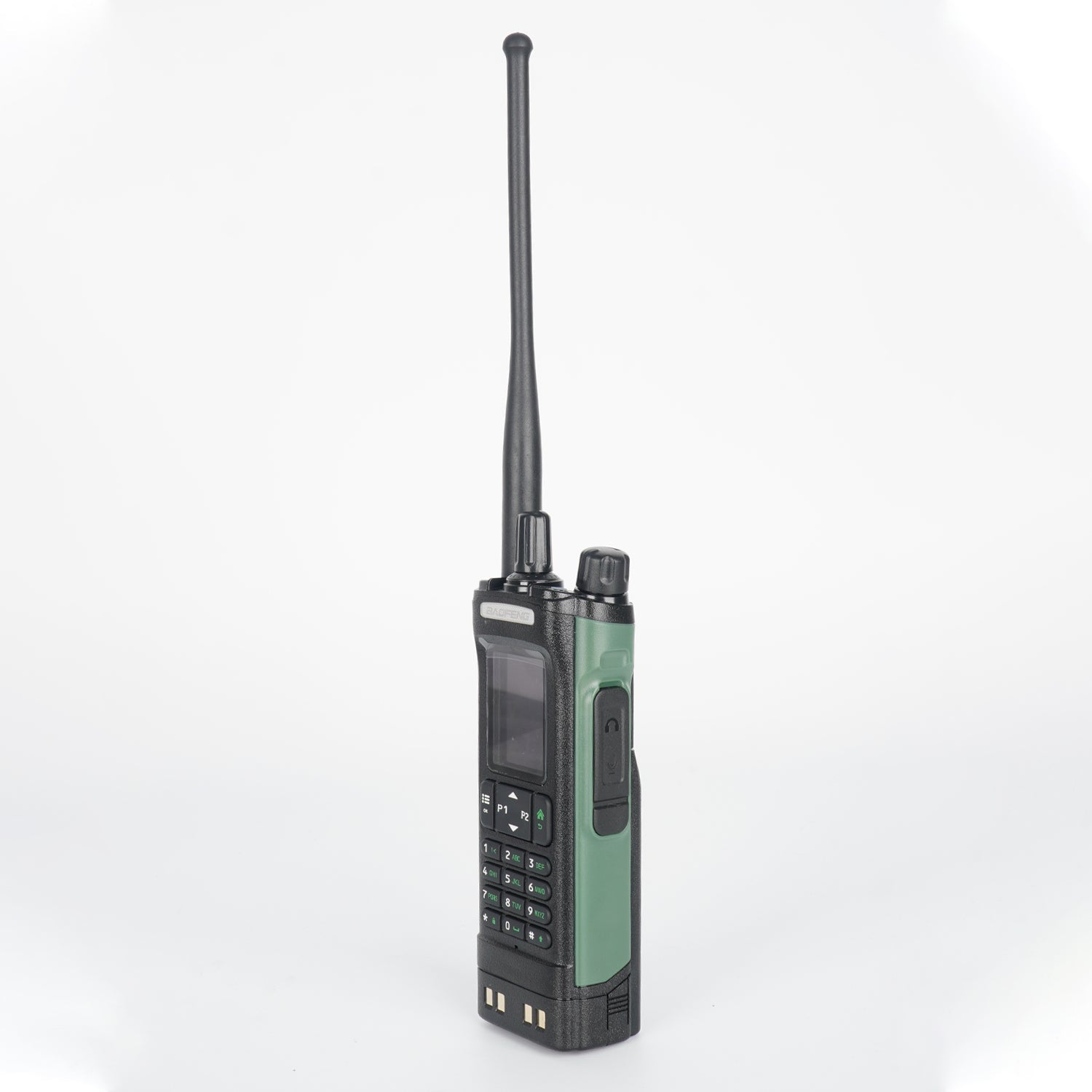 Green and black walkie-talkie with antenna