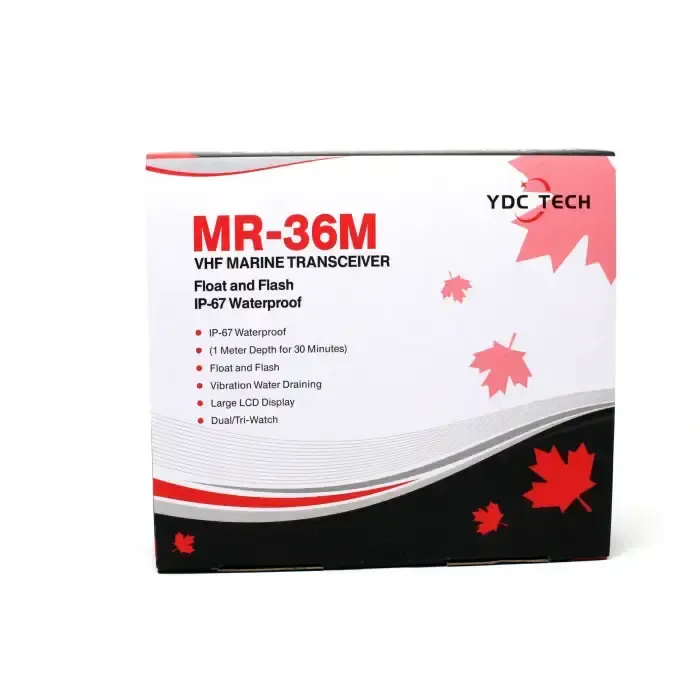 Box for a VHF marine transceiver, featuring float and flash capabilities and IP-67 waterproofing.