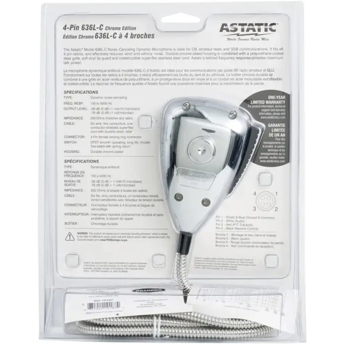 Astatic 636L Chrome Noise Canceling 4-Pin CB Microphone