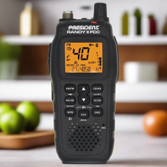 President Randy II FCC handheld radio with orange LCD and buttons, ideal for CB communication