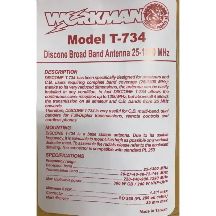 Discone broad band antenna specifications.