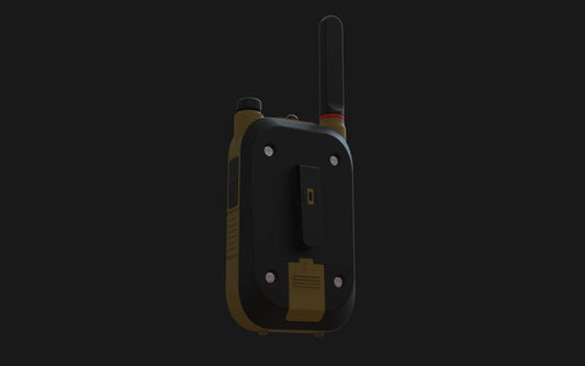 A black and yellow walkie-talkie with a clip