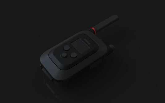 A black walkie-talkie with a small screen and buttons