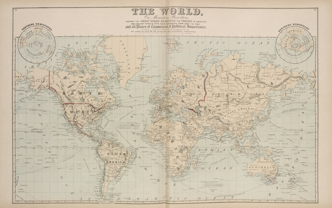An old world map showing continents and oceans
