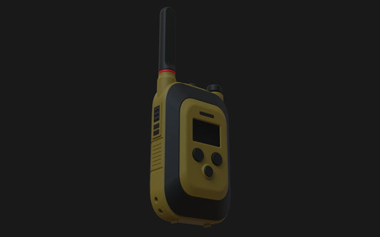 A yellow and black walkie-talkie on a dark background.