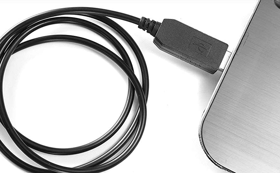 Black USB programming cable connected to laptop for Wouxun Baofeng TYT radios
