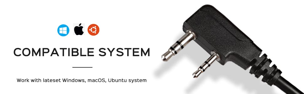 Black L-shaped audio adapter with dual 3.5mm plugs compatible with Windows, macOS, Ubuntu for usb programming cable