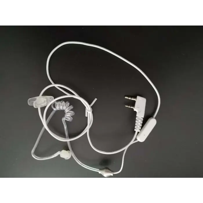 White two-pin walkie-talkie earpiece with clear acoustic tube.