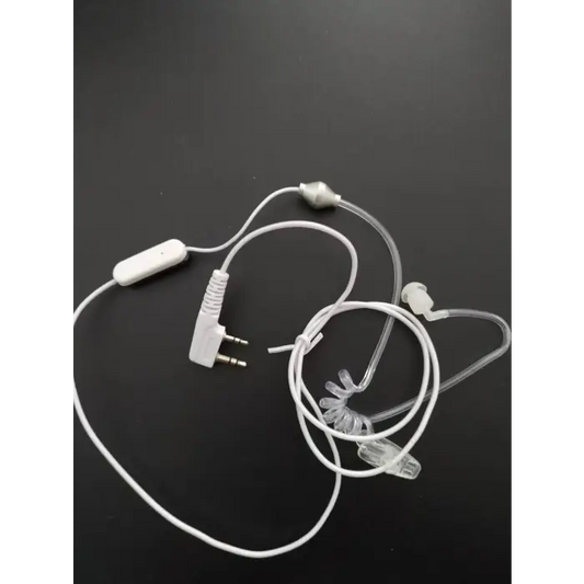 White wired walkie-talkie earpiece with clear acoustic tube.
