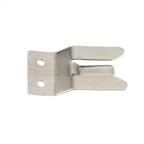 Metal bracket with two holes and three prongs.