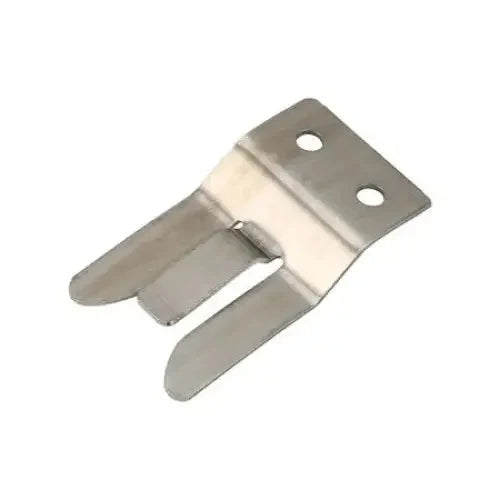 Shiny metal bracket with two prongs and mounting holes.