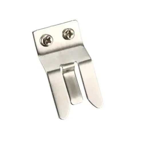 Shiny metal clip with screws.