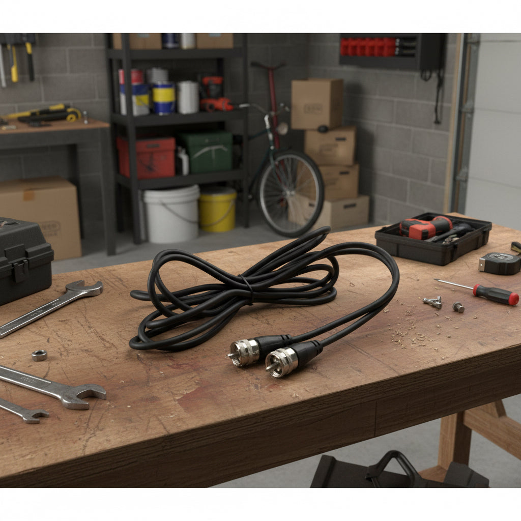 Coiled black rg58 cable with pl259 connectors