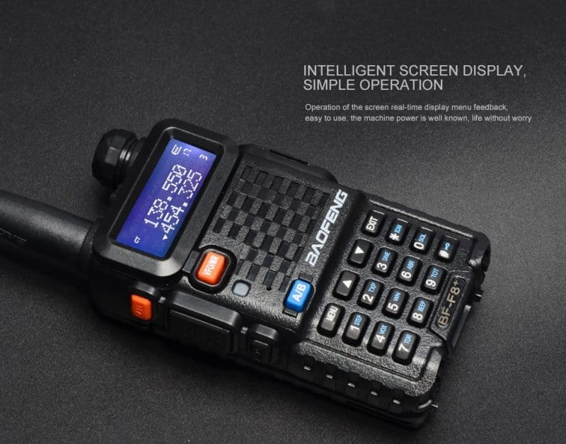 Black handheld Baofeng BF-F8+ ham radio with digital display and keypad for amateur radio use