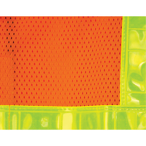 Close-up of orange mesh fabric with neon yellow reflective trim