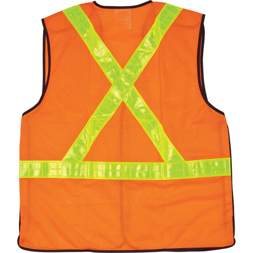 Orange mesh safety vest with reflective yellow-green stripes