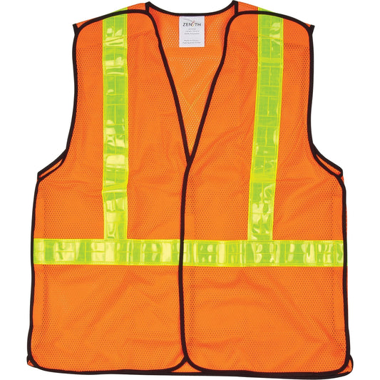 Orange mesh safety vest with reflective yellow stripes and black trim.