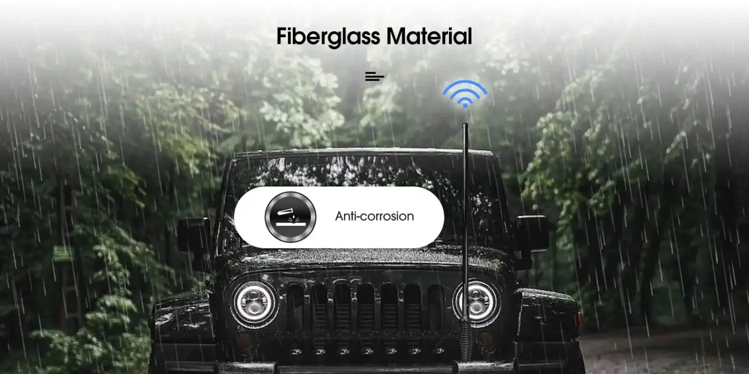 Black Jeep antenna for Retevis MR400 mobile radio, featuring dual band VHF/UHF capabilities.