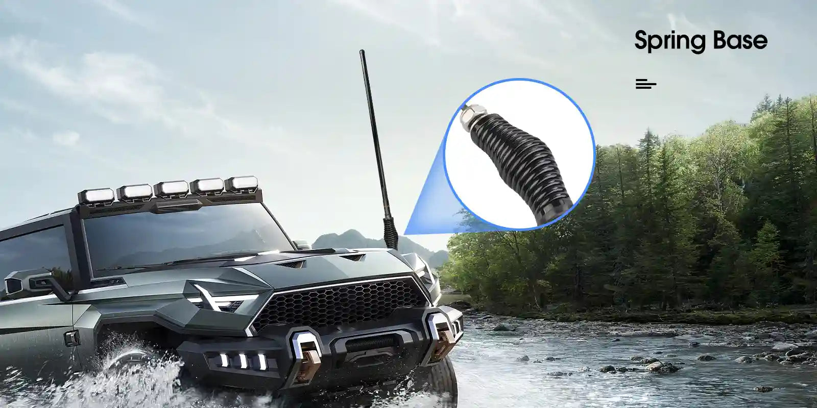 Off-road vehicle antenna with spring base for Retevis MR400 mobile radio, dual band use.