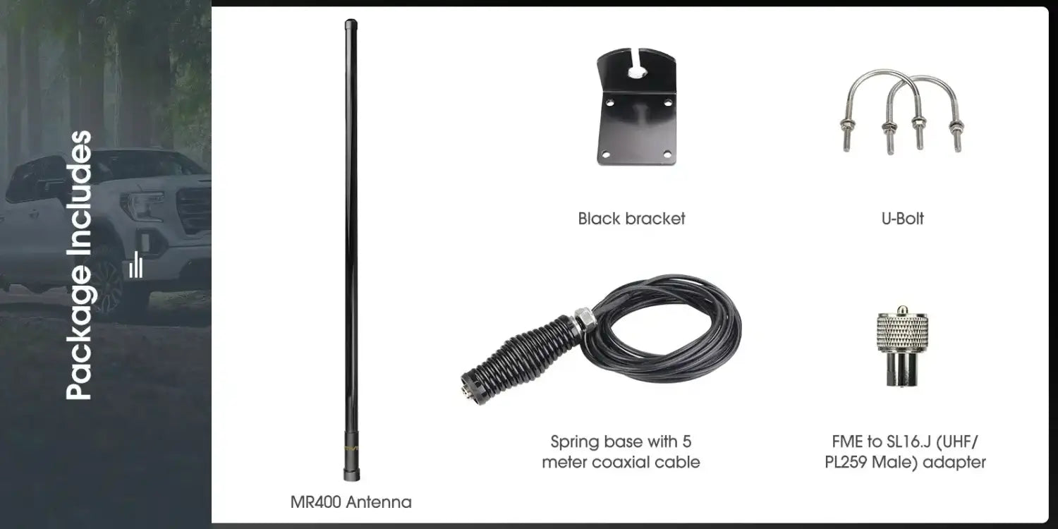 Antenna and mounting hardware for Retevis MR400 dual band mobile radio applications.