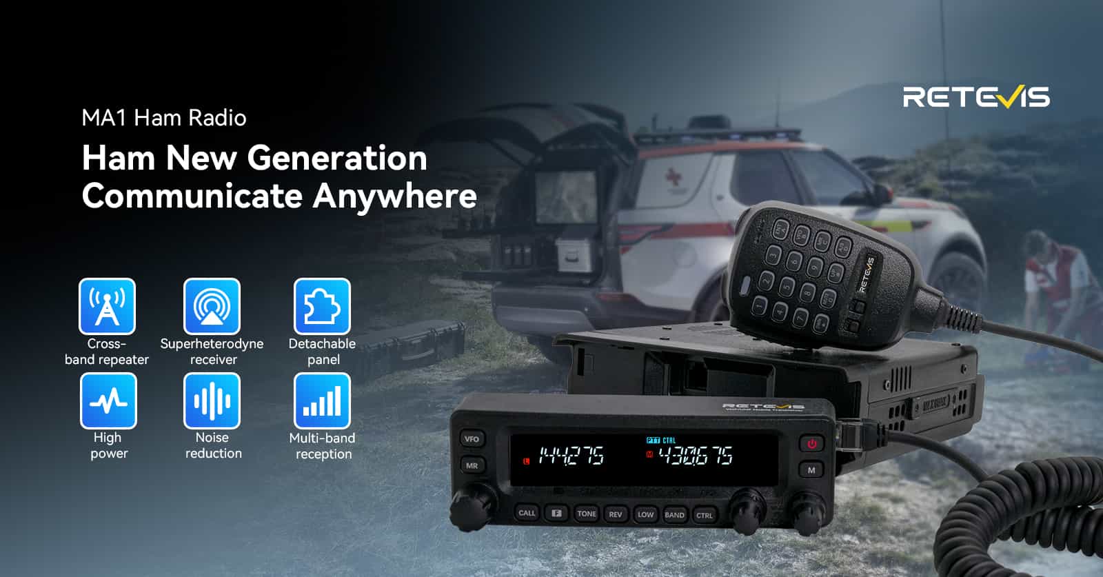Black Retevis MA1 mobile ham radio with microphone, featuring a detachable front panel.